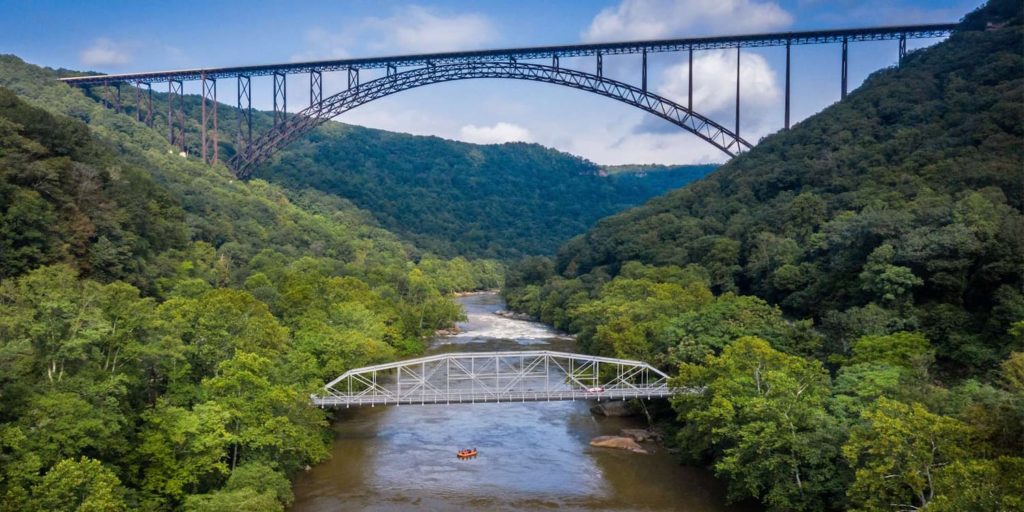 Aerial Photo Shows New River Gorge Bridge With Rafts Underneath